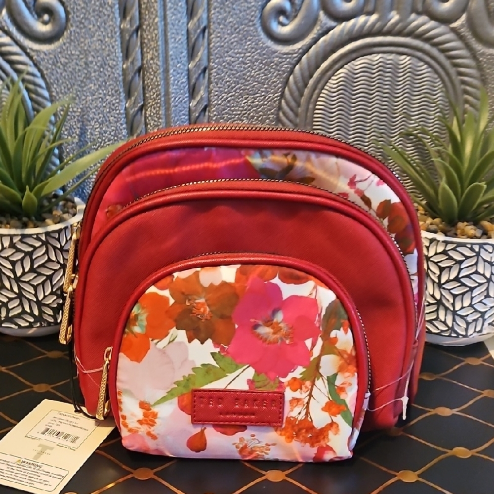 NWT Ted Baker London - 3 Pc Cosmetic Bag Set - Pressed Flowers Rio Red